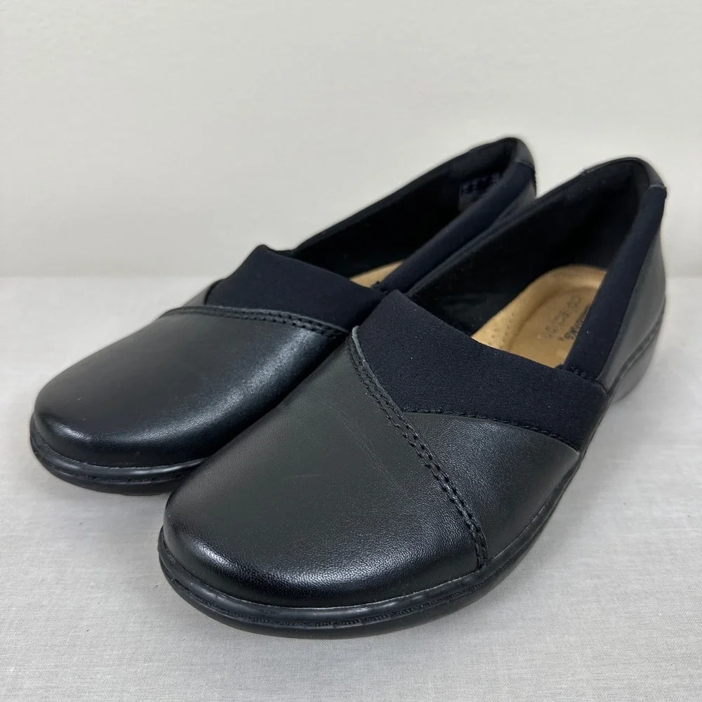 Clarks Womens 6.5 Slip On Shoes‎ Black Leather Comfort Stretch Classic Casual